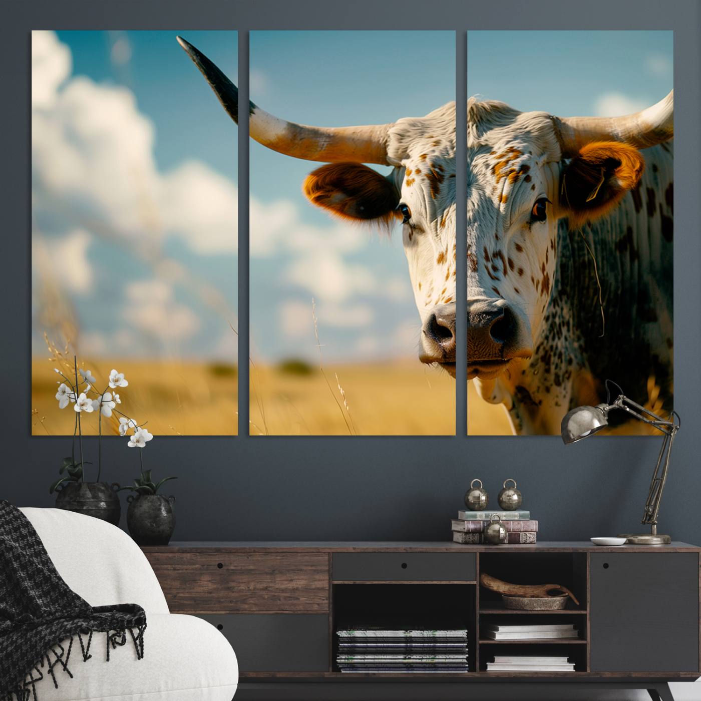 71621-MGV-CV-36X24-Longhorn in the Prairie - Stunning Ranch-Style Triptych Wall Art for Western Home Decor, Cowboy Wall Art, Ready to Hang