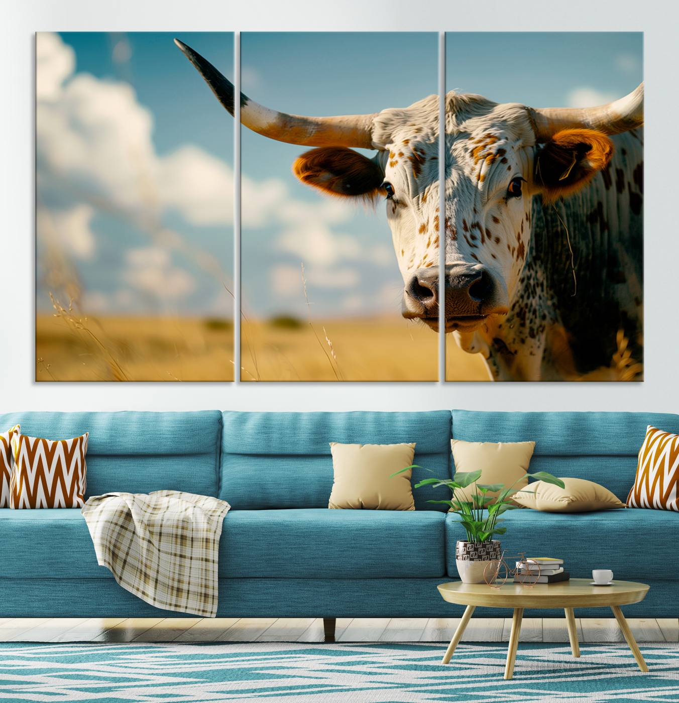 71621-MGV-CV-36X24-Longhorn in the Prairie - Stunning Ranch-Style Triptych Wall Art for Western Home Decor, Cowboy Wall Art, Ready to Hang