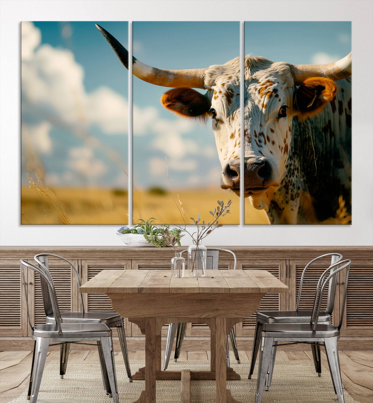 71621-MGV-CV-36X24-Longhorn in the Prairie - Stunning Ranch-Style Triptych Wall Art for Western Home Decor, Cowboy Wall Art, Ready to Hang