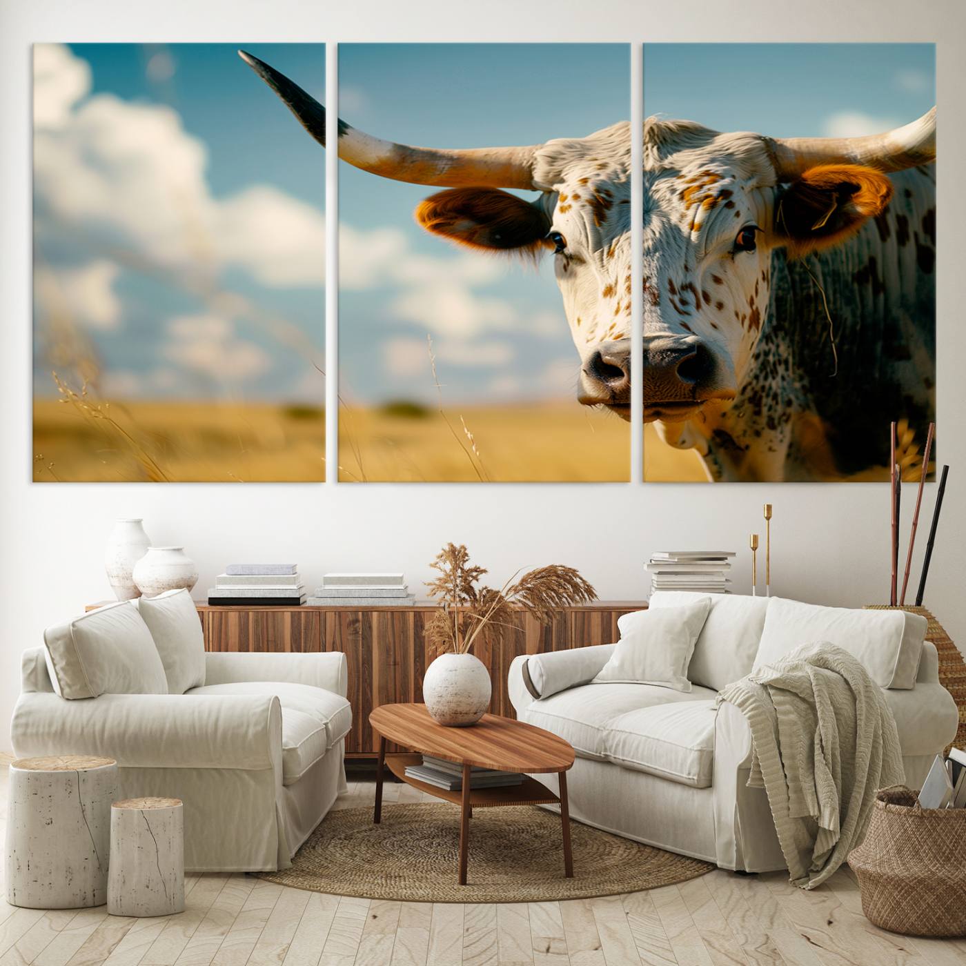 71621-MGV-CV-36X24-Longhorn in the Prairie - Stunning Ranch-Style Triptych Wall Art for Western Home Decor, Cowboy Wall Art, Ready to Hang