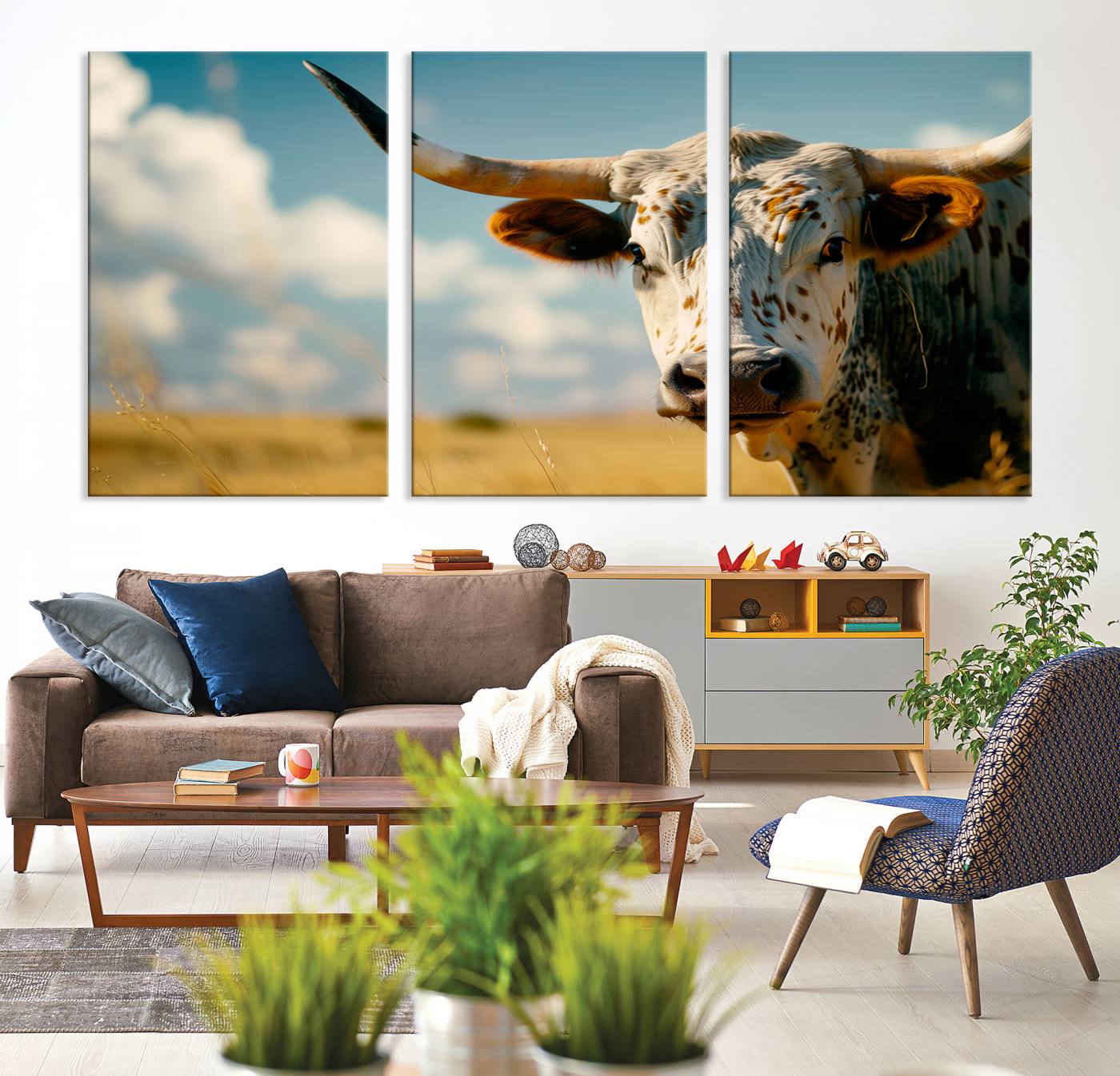 71621-MGV-CV-36X24-Longhorn in the Prairie - Stunning Ranch-Style Triptych Wall Art for Western Home Decor, Cowboy Wall Art, Ready to Hang