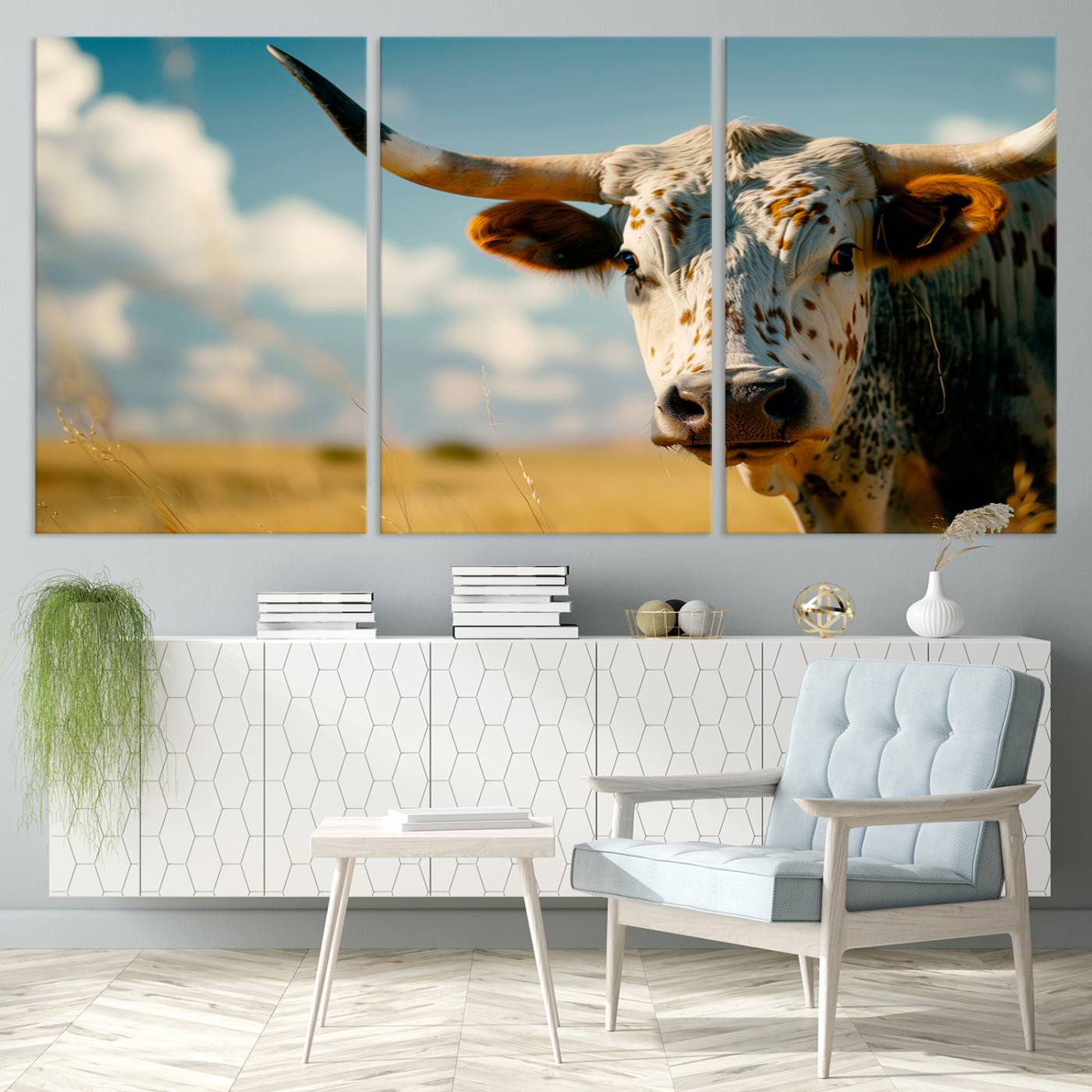 71621-MGV-CV-36X24-Longhorn in the Prairie - Stunning Ranch-Style Triptych Wall Art for Western Home Decor, Cowboy Wall Art, Ready to Hang