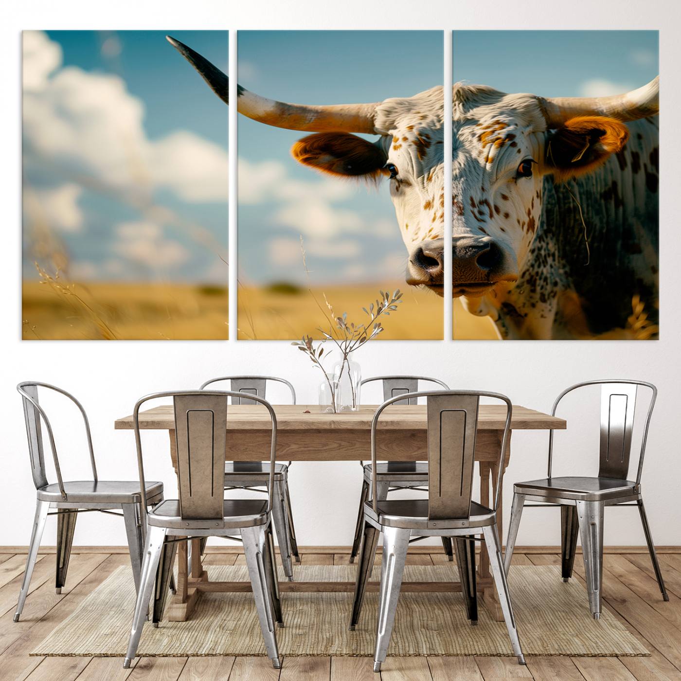 71621-MGV-CV-36X24-Longhorn in the Prairie - Stunning Ranch-Style Triptych Wall Art for Western Home Decor, Cowboy Wall Art, Ready to Hang