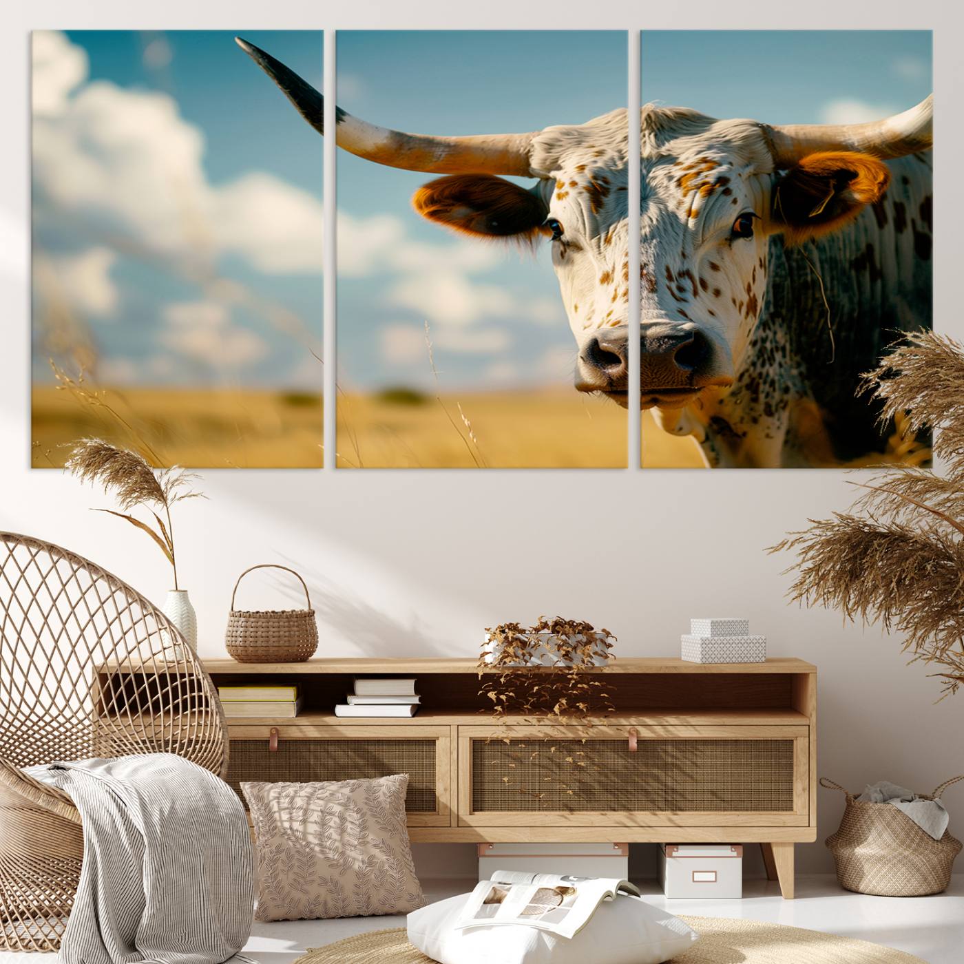 71621-MGV-CV-36X24-Longhorn in the Prairie - Stunning Ranch-Style Triptych Wall Art for Western Home Decor, Cowboy Wall Art, Ready to Hang