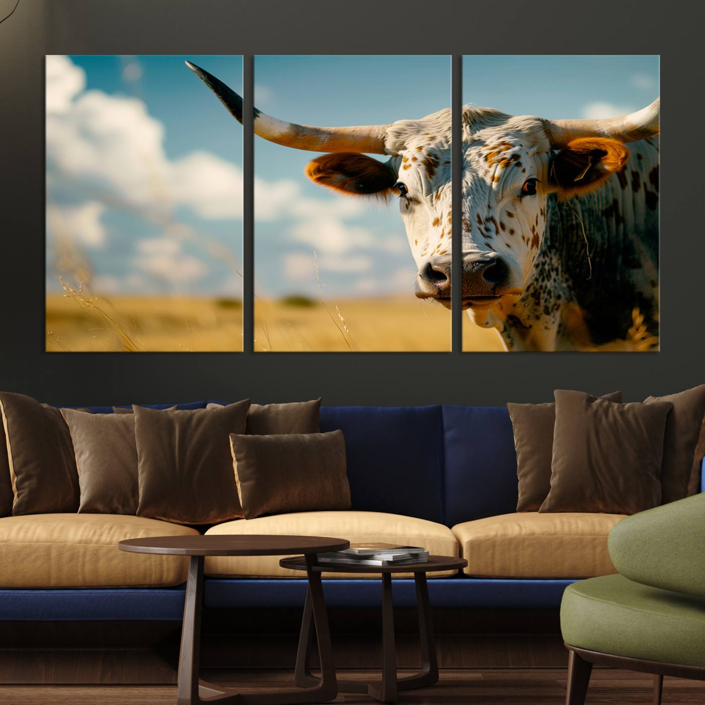71621-MGV-CV-36X24-Longhorn in the Prairie - Stunning Ranch-Style Triptych Wall Art for Western Home Decor, Cowboy Wall Art, Ready to Hang