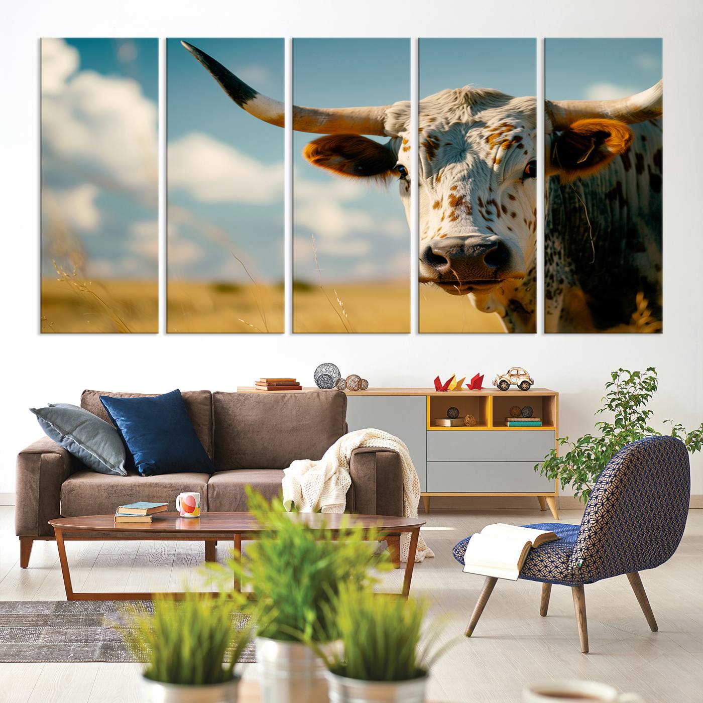 71621-MGV-CV-36X24-Longhorn in the Prairie - Stunning Ranch-Style Triptych Wall Art for Western Home Decor, Cowboy Wall Art, Ready to Hang