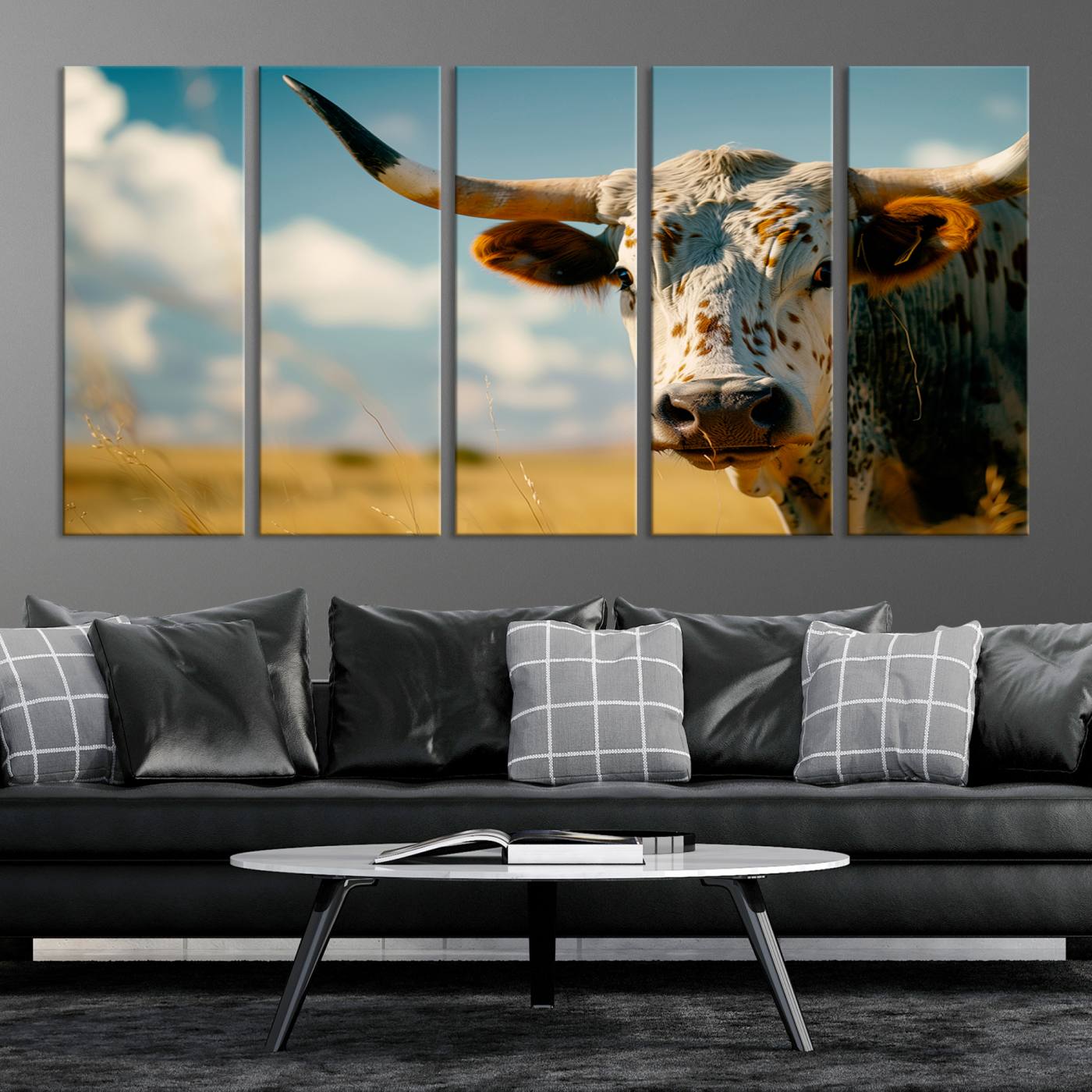 71621-MGV-CV-36X24-Longhorn in the Prairie - Stunning Ranch-Style Triptych Wall Art for Western Home Decor, Cowboy Wall Art, Ready to Hang