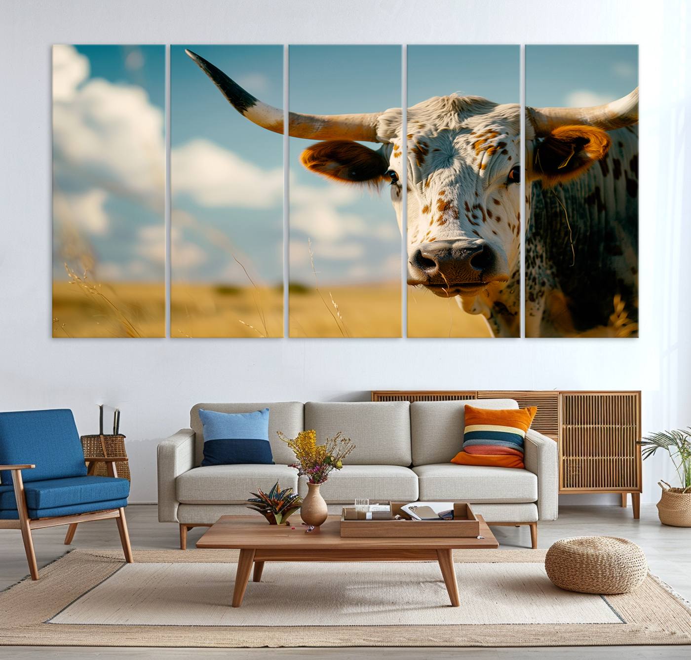 71621-MGV-CV-36X24-Longhorn in the Prairie - Stunning Ranch-Style Triptych Wall Art for Western Home Decor, Cowboy Wall Art, Ready to Hang