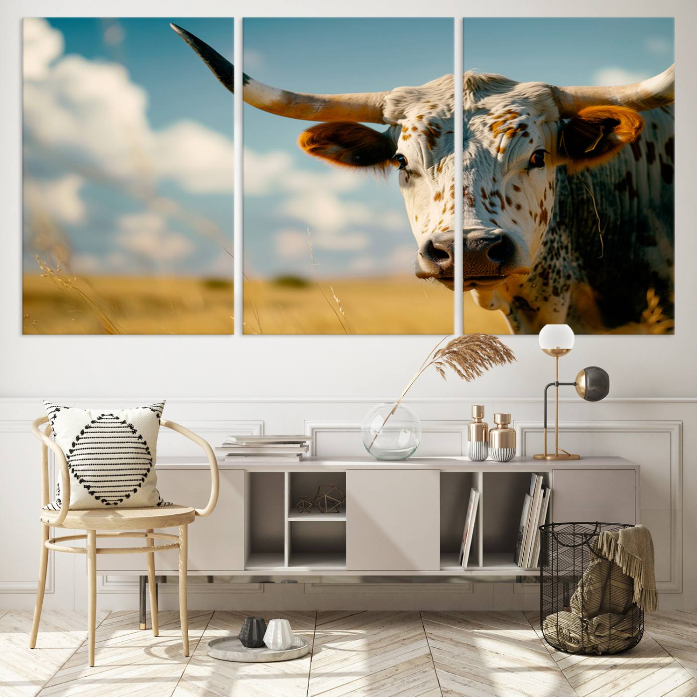 71621-MGV-CV-60X30-3P-Longhorn in the Prairie - Stunning Ranch-Style Triptych Wall Art for Western Home Decor, Cowboy Wall Art, Ready to Hang