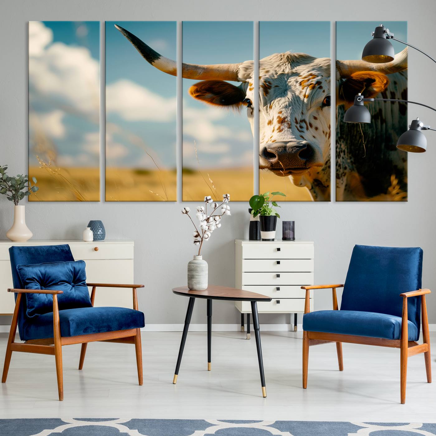 71621-MGV-CV-60X31-5P-Longhorn in the Prairie - Stunning Ranch-Style Triptych Wall Art for Western Home Decor, Cowboy Wall Art, Ready to Hang