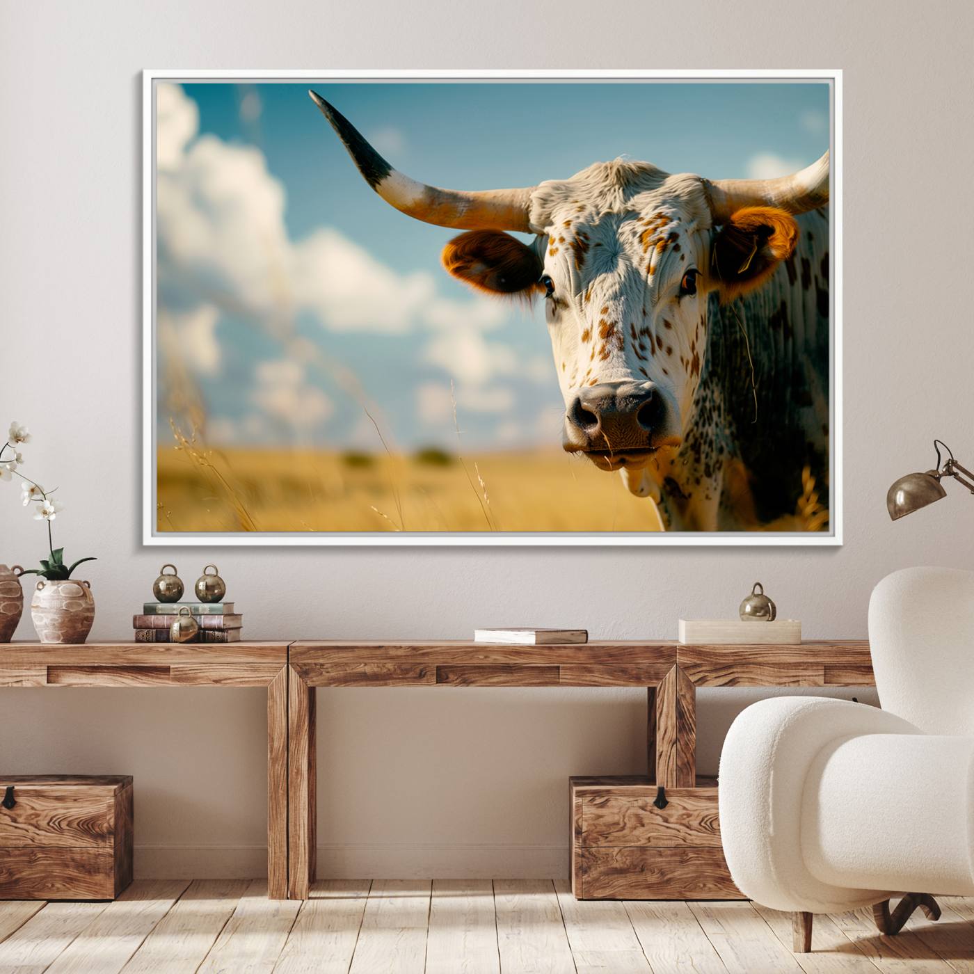 71621-MGV-FC-36X24_White-Longhorn in the Prairie - Stunning Ranch-Style Triptych Wall Art for Western Home Decor, Cowboy Wall Art, Ready to Hang