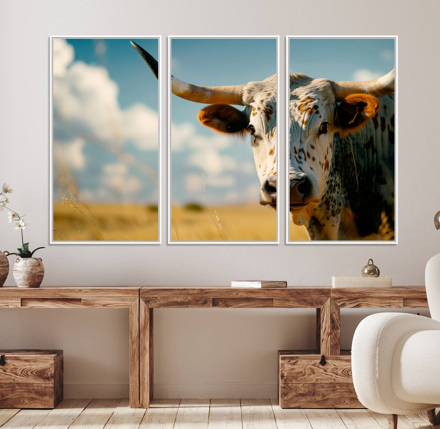 71621-MGV-FC-48X32-3P_White-Longhorn in the Prairie - Stunning Ranch-Style Triptych Wall Art for Western Home Decor, Cowboy Wall Art, Ready to Hang