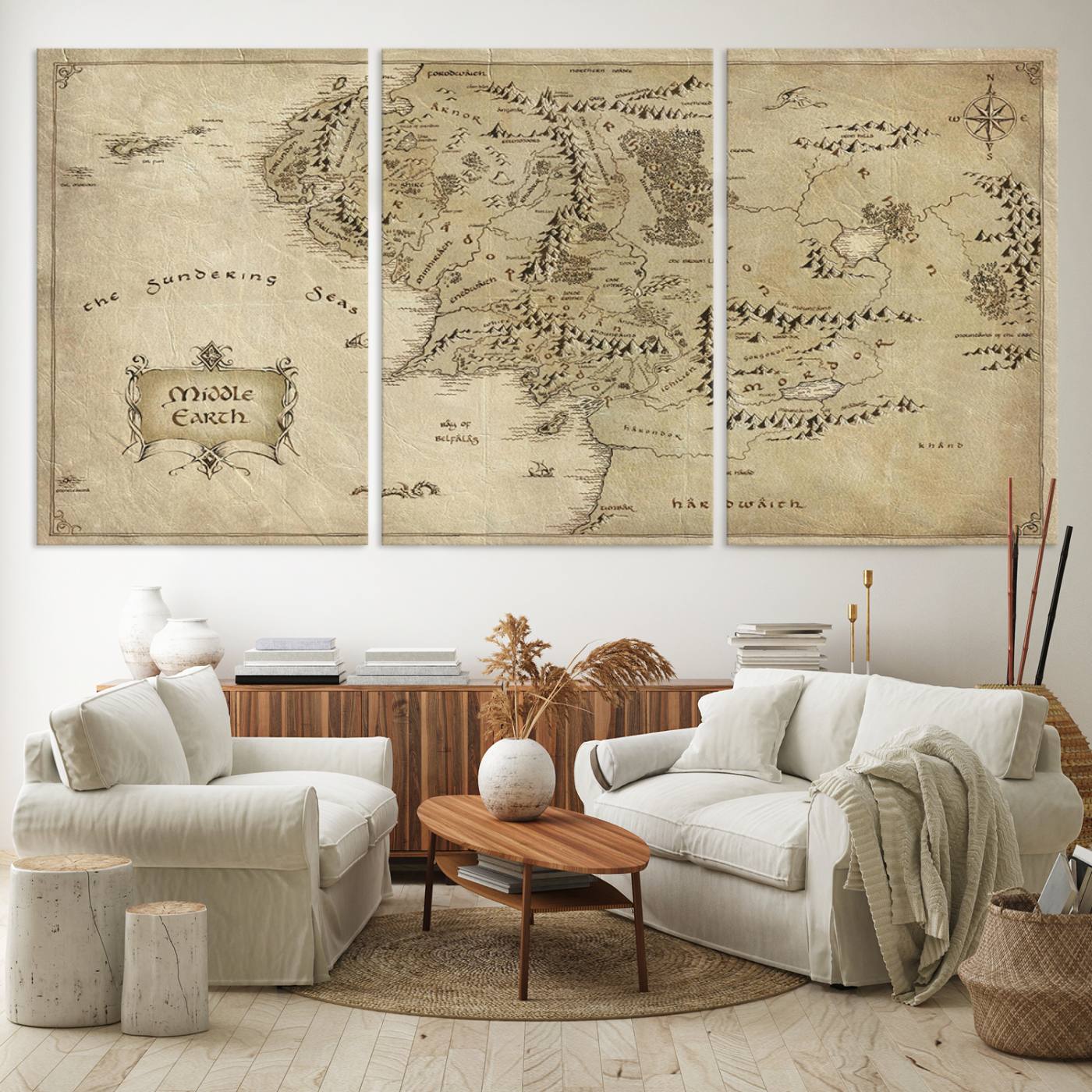 21784-MGV-CV-36X24-Lord Of The Rings Middle Earth Map Canvas Wall Art Print, Vintage Style Lord of the Rings Wall Art for Fantasy Decor