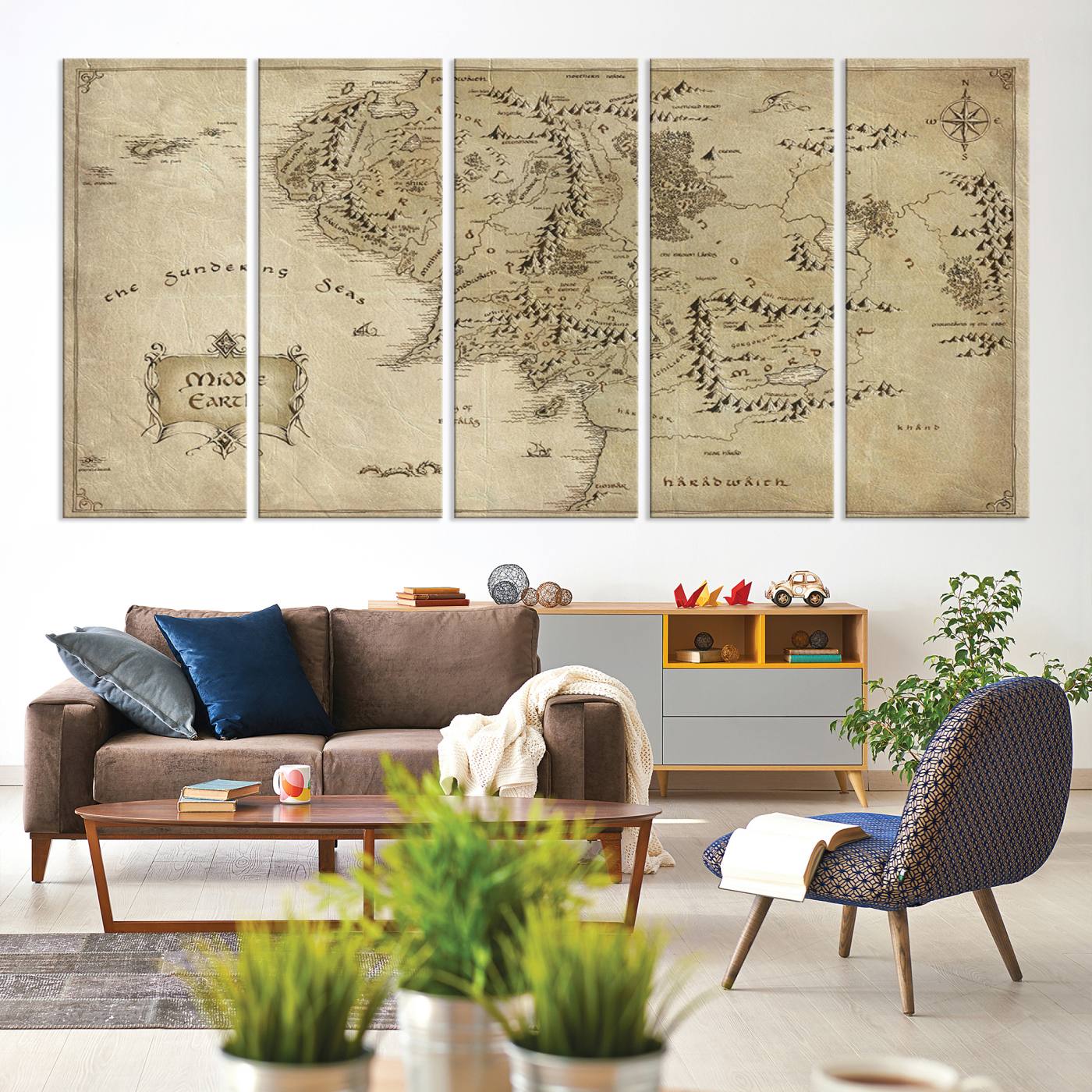 21784-MGV-CV-60X31-5P-Lord Of The Rings Middle Earth Map Canvas Wall Art Print, Vintage Style Lord of the Rings Wall Art for Fantasy Decor