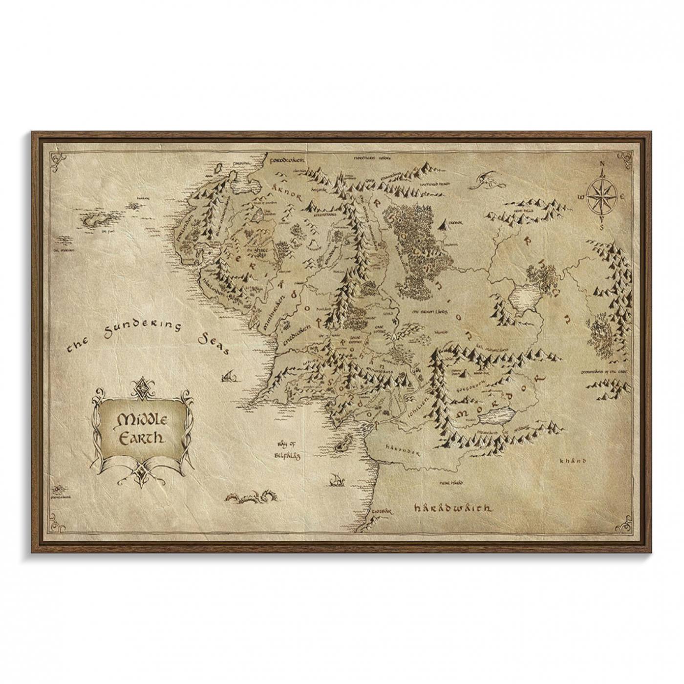 Lord Of The Rings Middle Earth Map Canvas Wall Art Print, Vintage Style Lord of the Rings Wall Art for Fantasy Decor