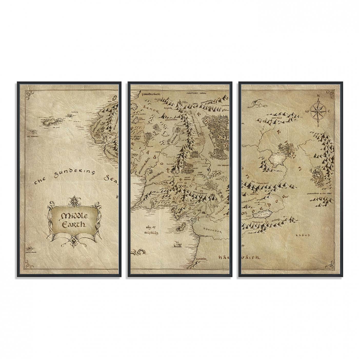 21784-MGV-FC-48X32-3P_Black-Lord Of The Rings Middle Earth Map Canvas Wall Art Print, Vintage Style Lord of the Rings Wall Art for Fantasy Decor