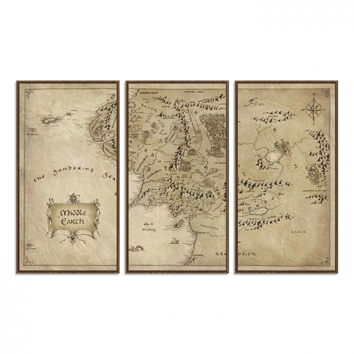 21784-MGV-FC-48X32-3P_Walnut-Lord Of The Rings Middle Earth Map Canvas Wall Art Print, Vintage Style Lord of the Rings Wall Art for Fantasy Decor