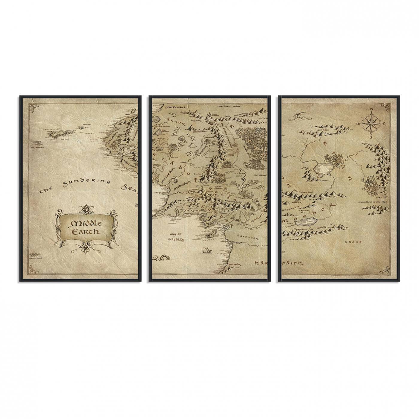 21784-MGV-FC-60X30-3P_Black-Lord Of The Rings Middle Earth Map Canvas Wall Art Print, Vintage Style Lord of the Rings Wall Art for Fantasy Decor