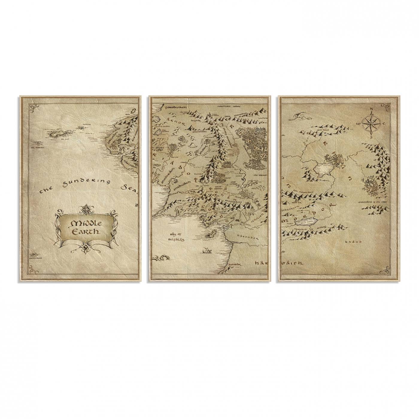 21784-MGV-FC-60X30-3P_Natural-Lord Of The Rings Middle Earth Map Canvas Wall Art Print, Vintage Style Lord of the Rings Wall Art for Fantasy Decor
