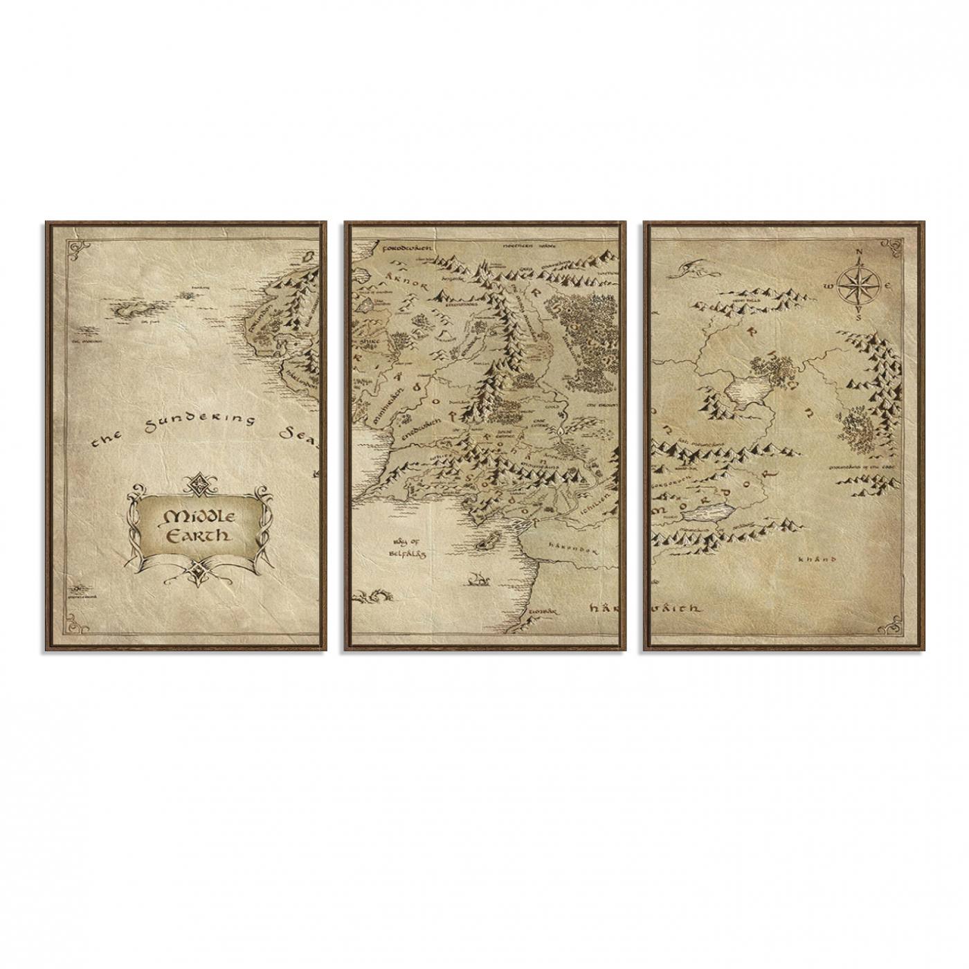 21784-MGV-FC-60X30-3P_Walnut-Lord Of The Rings Middle Earth Map Canvas Wall Art Print, Vintage Style Lord of the Rings Wall Art for Fantasy Decor