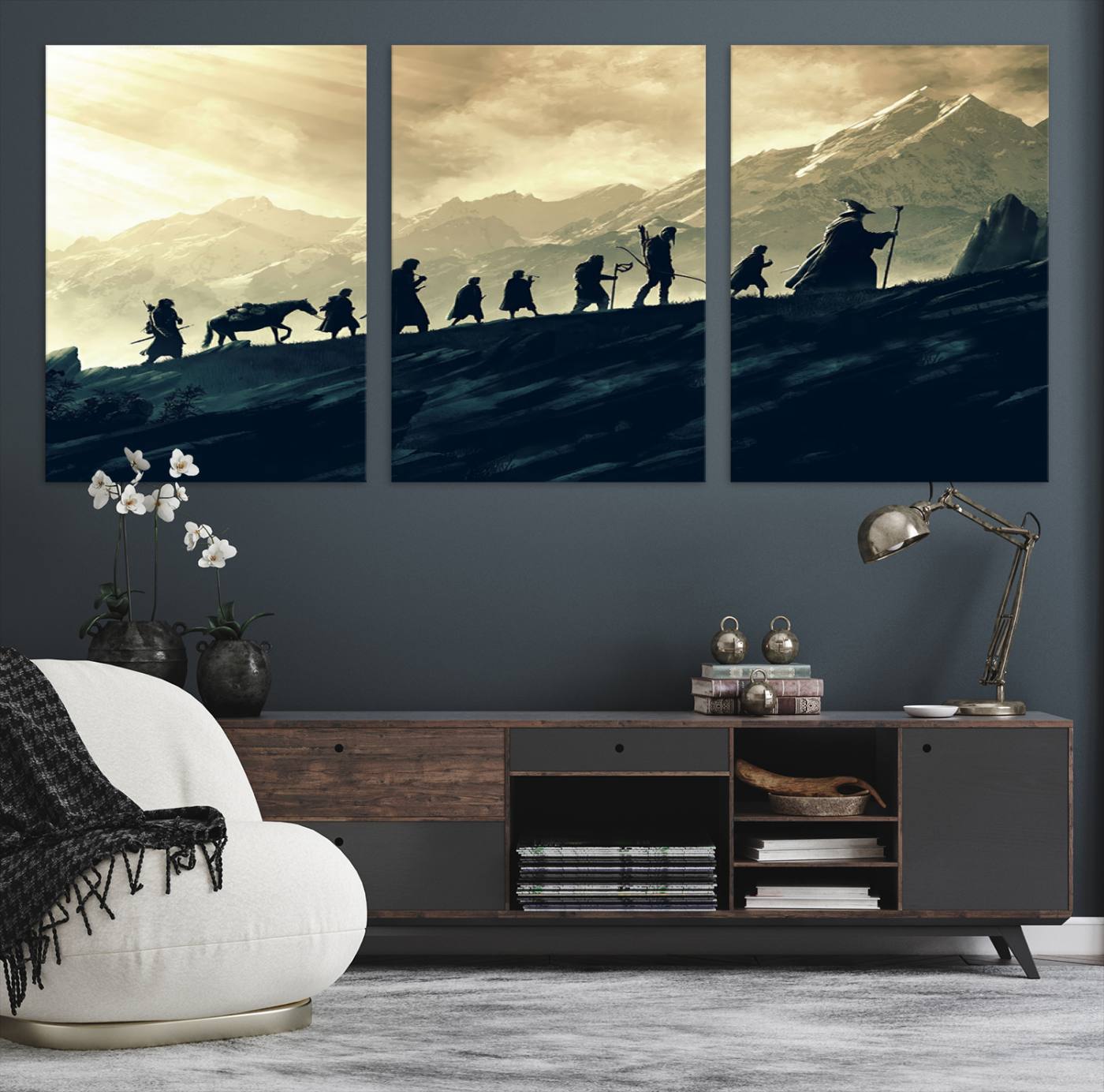 41574-MGV-CV-60X30-3P-Lord of the Rings Silhouette Wall Art Capturing the Epic Quest Through Middle-Earth - The Fellowship's Journey Canvas Print