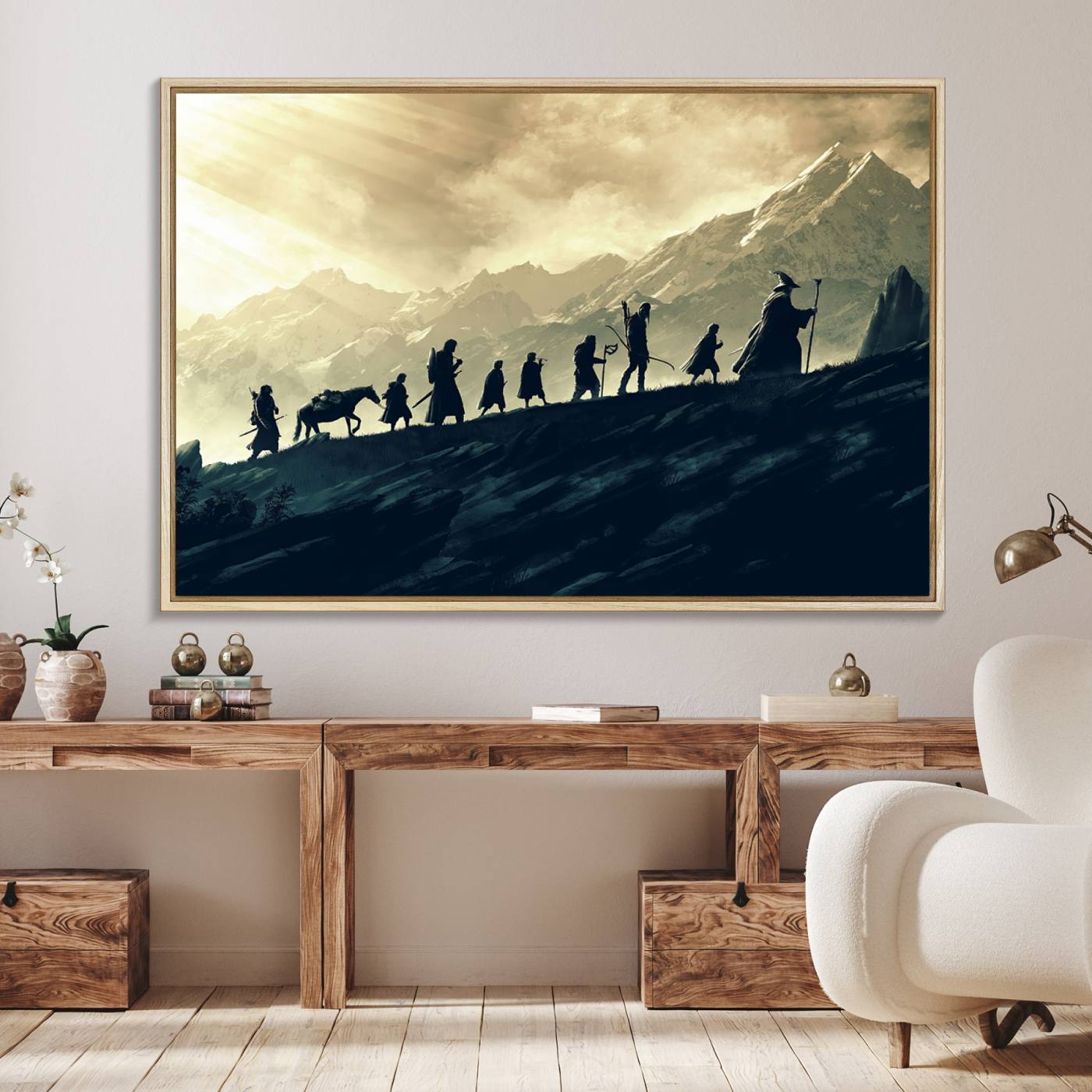 41574-MGV-FC-36X24_Natural-Lord of the Rings Silhouette Wall Art Capturing the Epic Quest Through Middle-Earth - The Fellowship's Journey Canvas Print