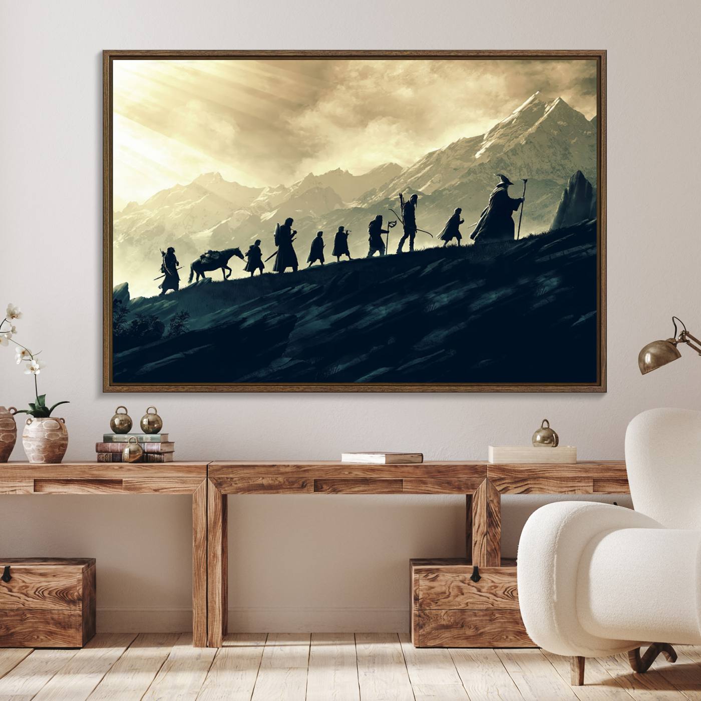 41574-MGV-FC-36X24_Walnut-Lord of the Rings Silhouette Wall Art Capturing the Epic Quest Through Middle-Earth - The Fellowship's Journey Canvas Print