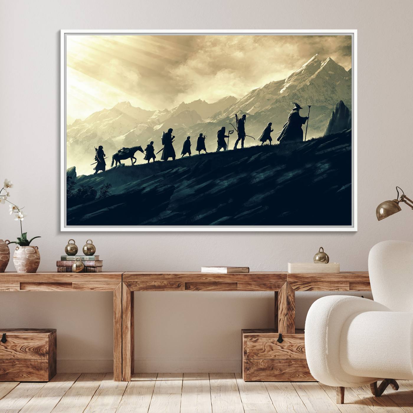 41574-MGV-FC-36X24_White-Lord of the Rings Silhouette Wall Art Capturing the Epic Quest Through Middle-Earth - The Fellowship's Journey Canvas Print