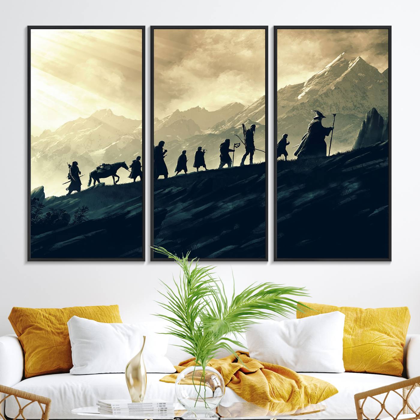 41574-MGV-FC-48X32-3P_Black-Lord of the Rings Silhouette Wall Art Capturing the Epic Quest Through Middle-Earth - The Fellowship's Journey Canvas Print
