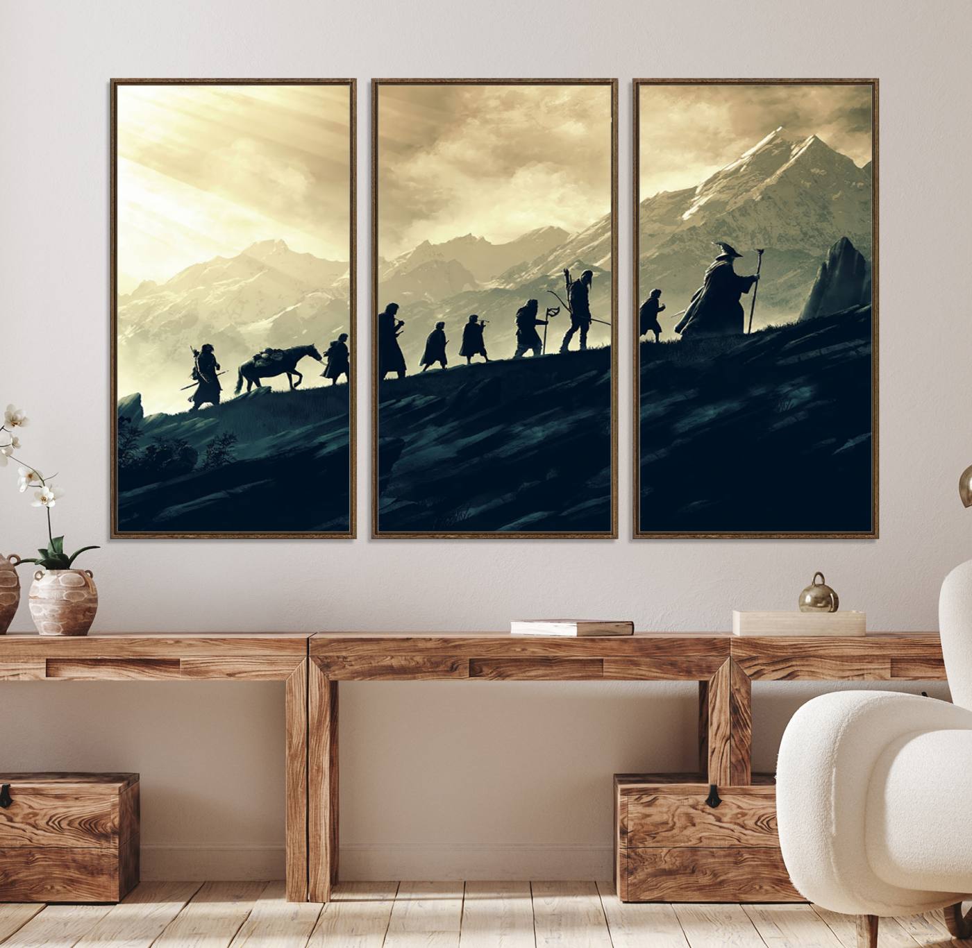 41574-MGV-FC-48X32-3P_Walnut-Lord of the Rings Silhouette Wall Art Capturing the Epic Quest Through Middle-Earth - The Fellowship's Journey Canvas Print