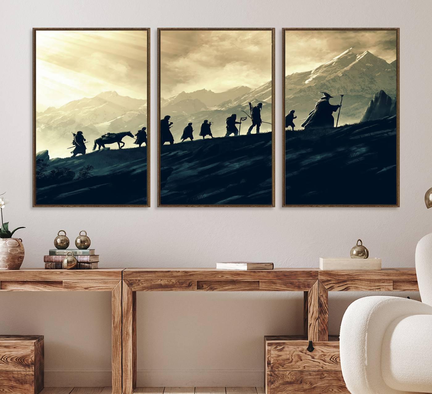 41574-MGV-FC-60X30-3P_Walnut-Lord of the Rings Silhouette Wall Art Capturing the Epic Quest Through Middle-Earth - The Fellowship's Journey Canvas Print