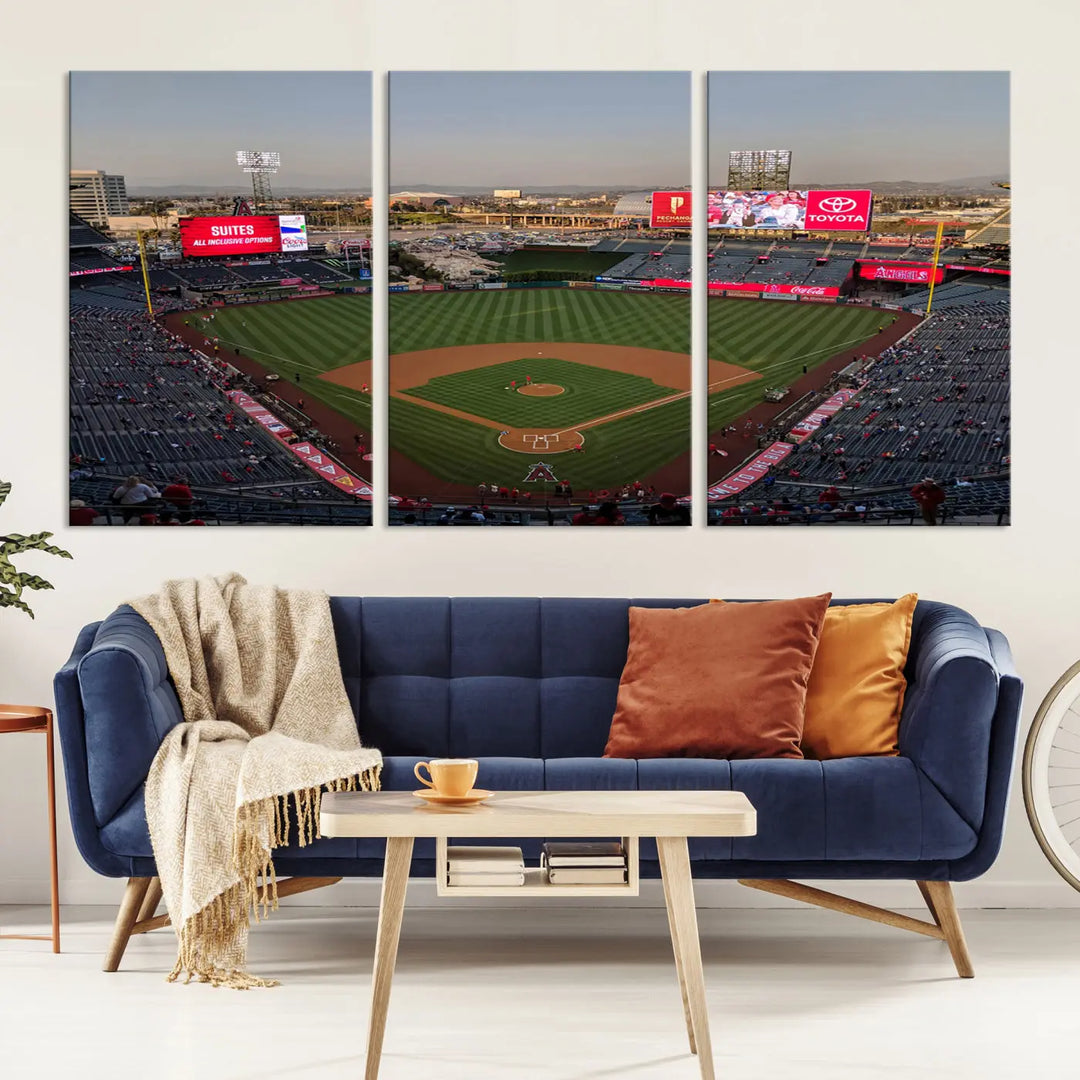 The living room features the Los Angeles Angels Baseball Team Print - Anaheim Angel Stadium Wall Art Canvas Print with a gallery-quality finish.