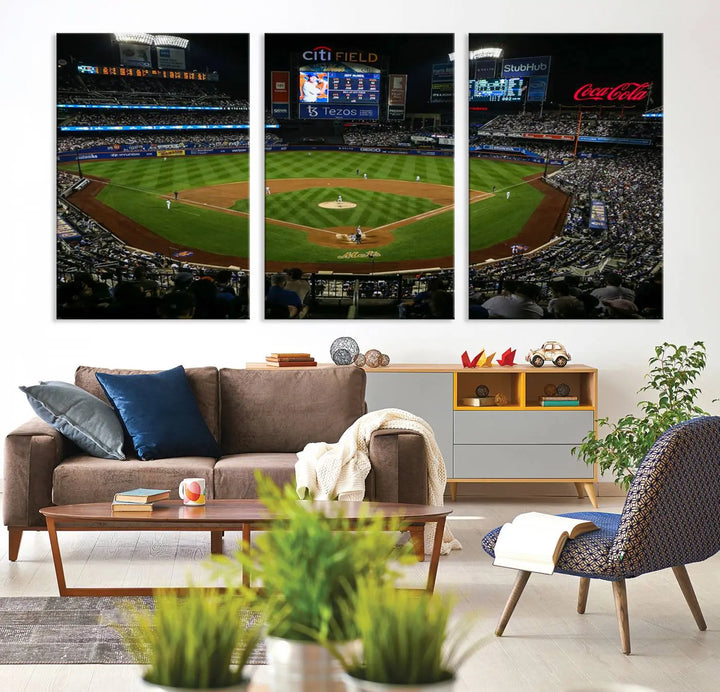 A living room featuring the "Los Angeles Dodgers Baseball Team Print - California Dodger Stadium Wall Art Canvas Print" as a premium three-panel artwork.