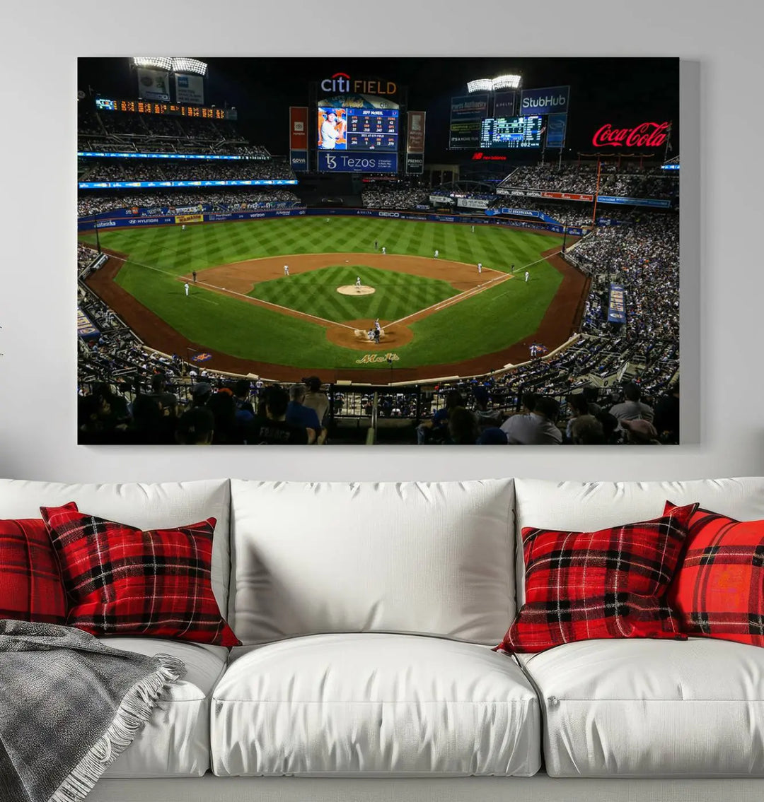 A living room featuring the "Los Angeles Dodgers Baseball Team Print - California Dodger Stadium Wall Art Canvas Print" as a premium three-panel artwork.