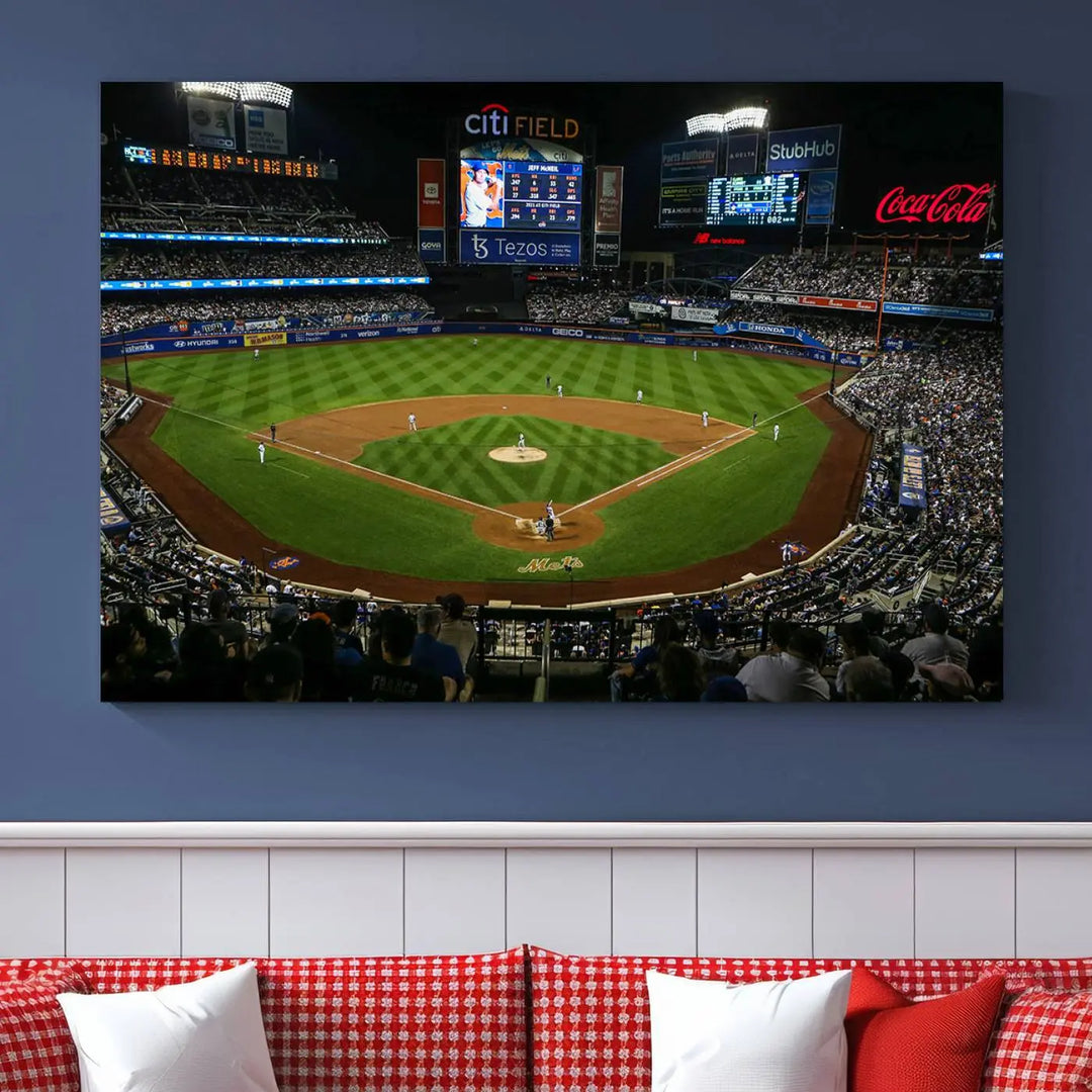 A living room featuring the "Los Angeles Dodgers Baseball Team Print - California Dodger Stadium Wall Art Canvas Print" as a premium three-panel artwork.