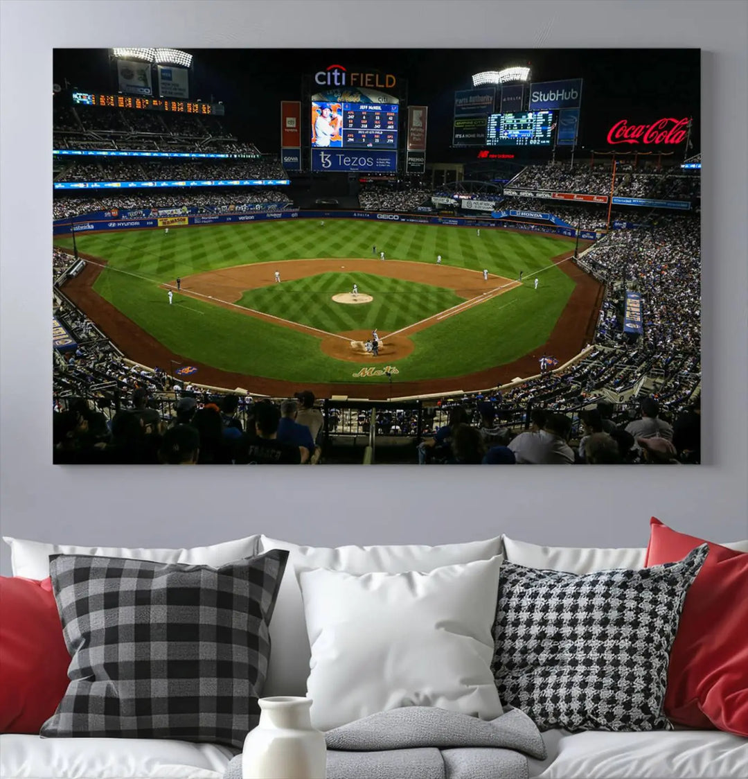 A living room featuring the "Los Angeles Dodgers Baseball Team Print - California Dodger Stadium Wall Art Canvas Print" as a premium three-panel artwork.