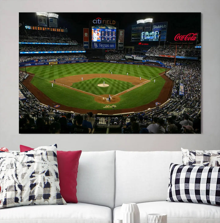 A living room featuring the "Los Angeles Dodgers Baseball Team Print - California Dodger Stadium Wall Art Canvas Print" as a premium three-panel artwork.