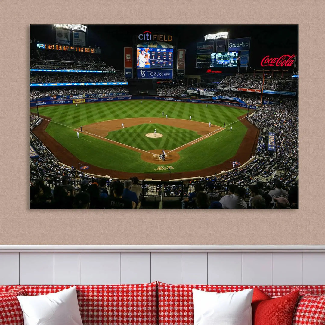 A living room featuring the "Los Angeles Dodgers Baseball Team Print - California Dodger Stadium Wall Art Canvas Print" as a premium three-panel artwork.