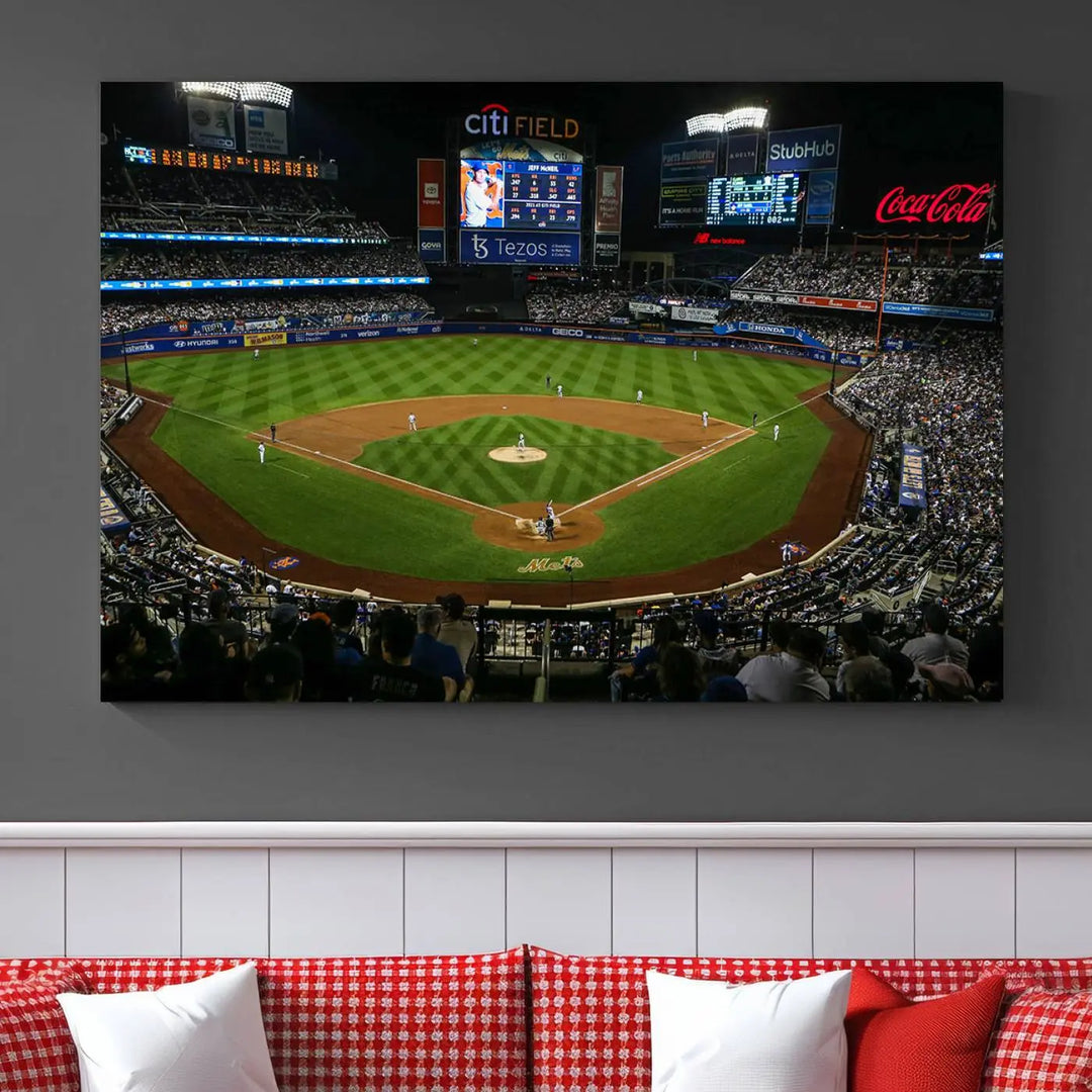 A living room featuring the "Los Angeles Dodgers Baseball Team Print - California Dodger Stadium Wall Art Canvas Print" as a premium three-panel artwork.