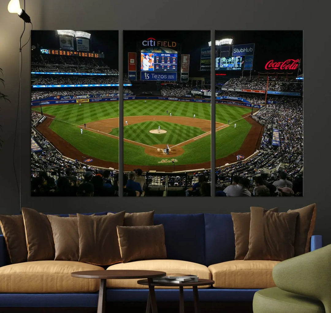 A living room featuring the "Los Angeles Dodgers Baseball Team Print - California Dodger Stadium Wall Art Canvas Print" as a premium three-panel artwork.