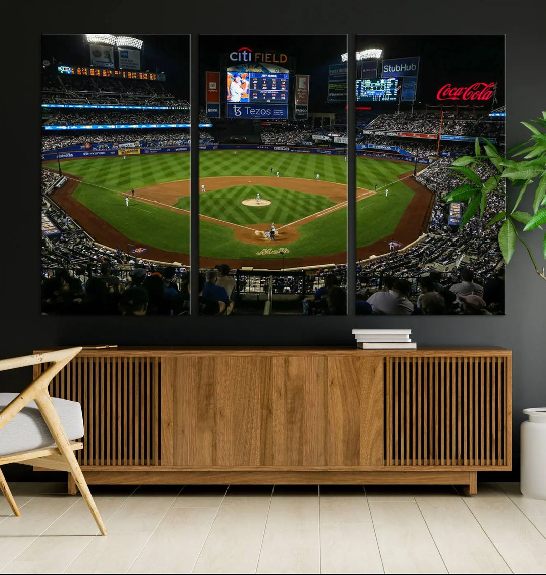 A living room featuring the "Los Angeles Dodgers Baseball Team Print - California Dodger Stadium Wall Art Canvas Print" as a premium three-panel artwork.