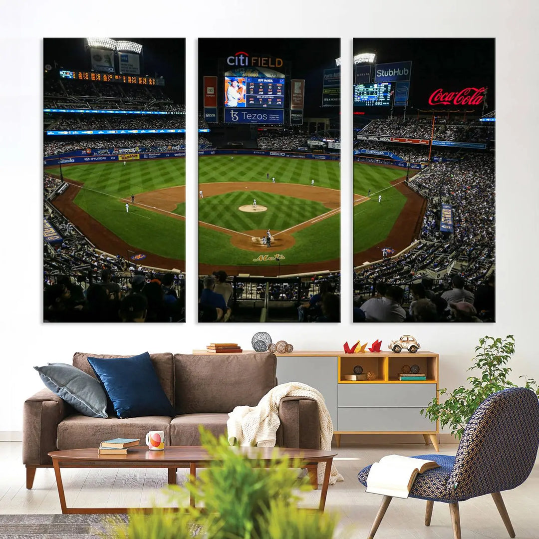 A living room featuring the "Los Angeles Dodgers Baseball Team Print - California Dodger Stadium Wall Art Canvas Print" as a premium three-panel artwork.