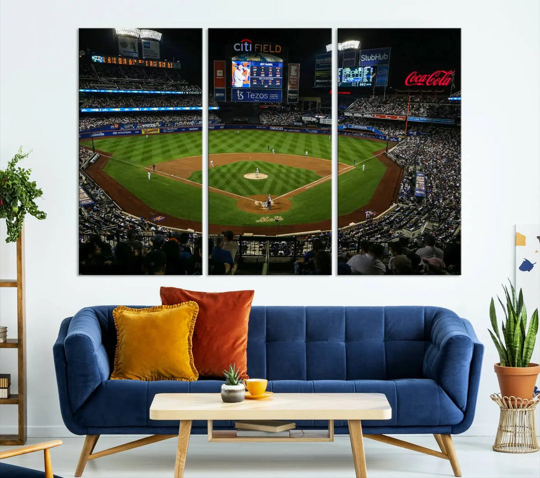 A living room featuring the "Los Angeles Dodgers Baseball Team Print - California Dodger Stadium Wall Art Canvas Print" as a premium three-panel artwork.