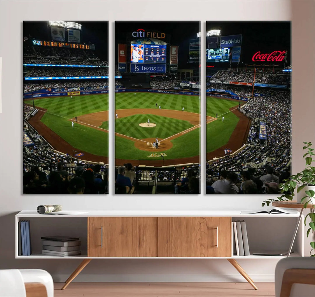 A living room featuring the "Los Angeles Dodgers Baseball Team Print - California Dodger Stadium Wall Art Canvas Print" as a premium three-panel artwork.