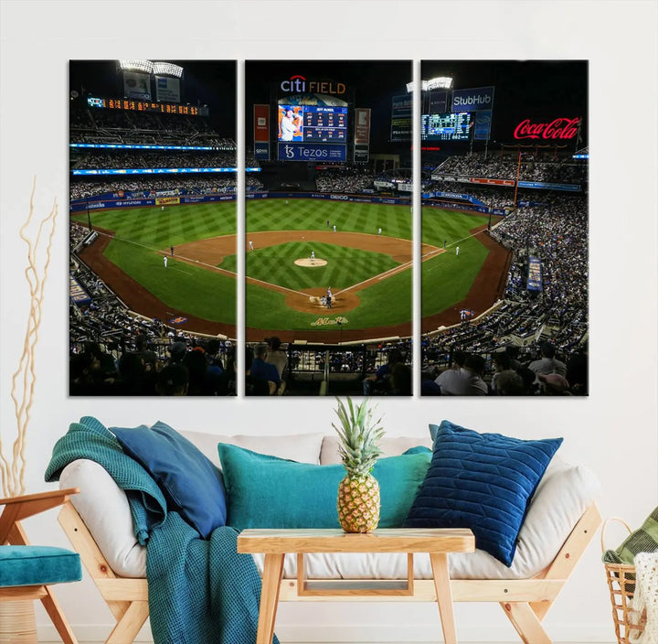 A living room featuring the "Los Angeles Dodgers Baseball Team Print - California Dodger Stadium Wall Art Canvas Print" as a premium three-panel artwork.