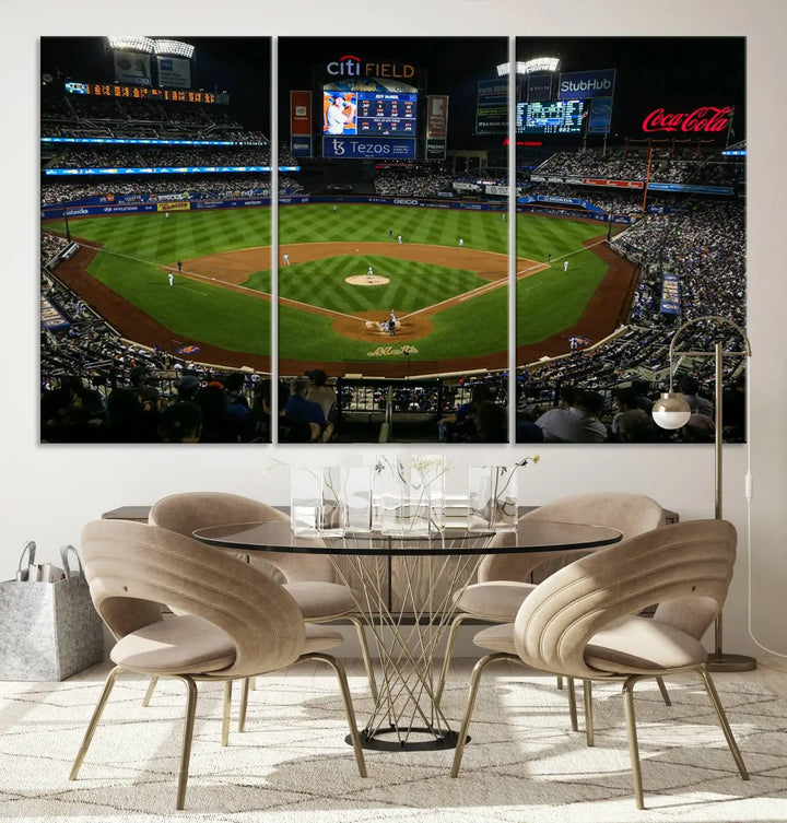 A living room featuring the "Los Angeles Dodgers Baseball Team Print - California Dodger Stadium Wall Art Canvas Print" as a premium three-panel artwork.