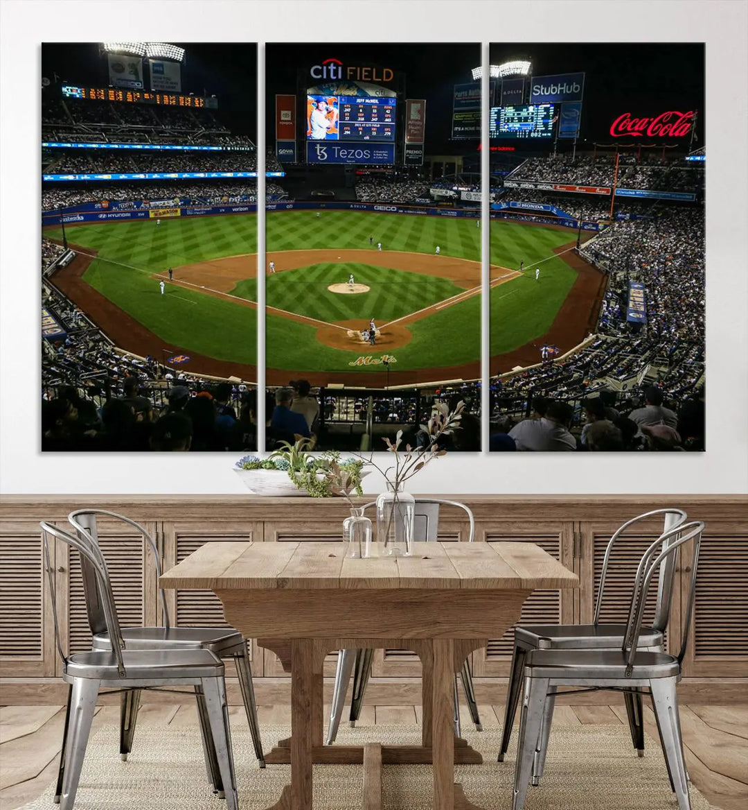 A living room featuring the "Los Angeles Dodgers Baseball Team Print - California Dodger Stadium Wall Art Canvas Print" as a premium three-panel artwork.