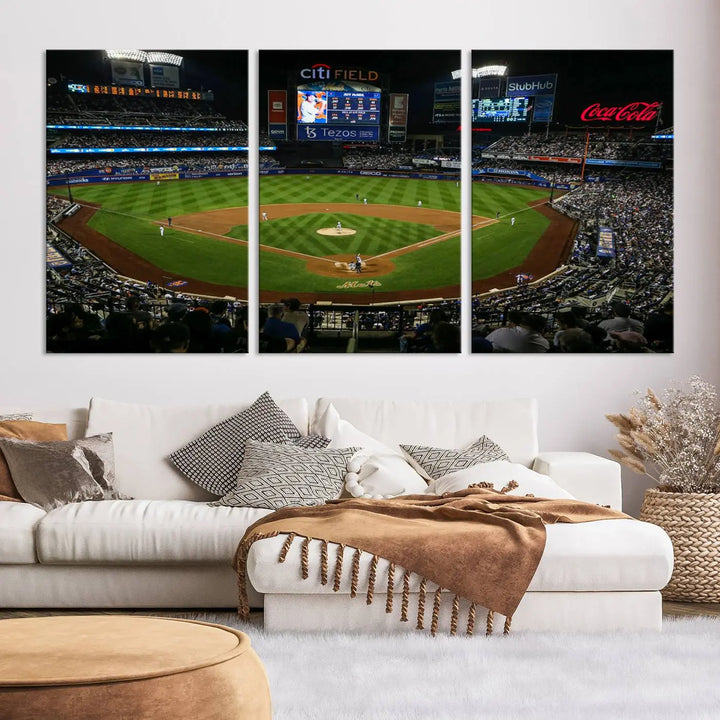 A living room featuring the "Los Angeles Dodgers Baseball Team Print - California Dodger Stadium Wall Art Canvas Print" as a premium three-panel artwork.