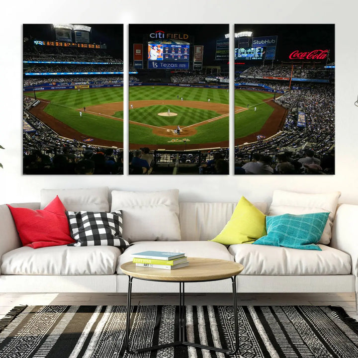 A living room featuring the "Los Angeles Dodgers Baseball Team Print - California Dodger Stadium Wall Art Canvas Print" as a premium three-panel artwork.