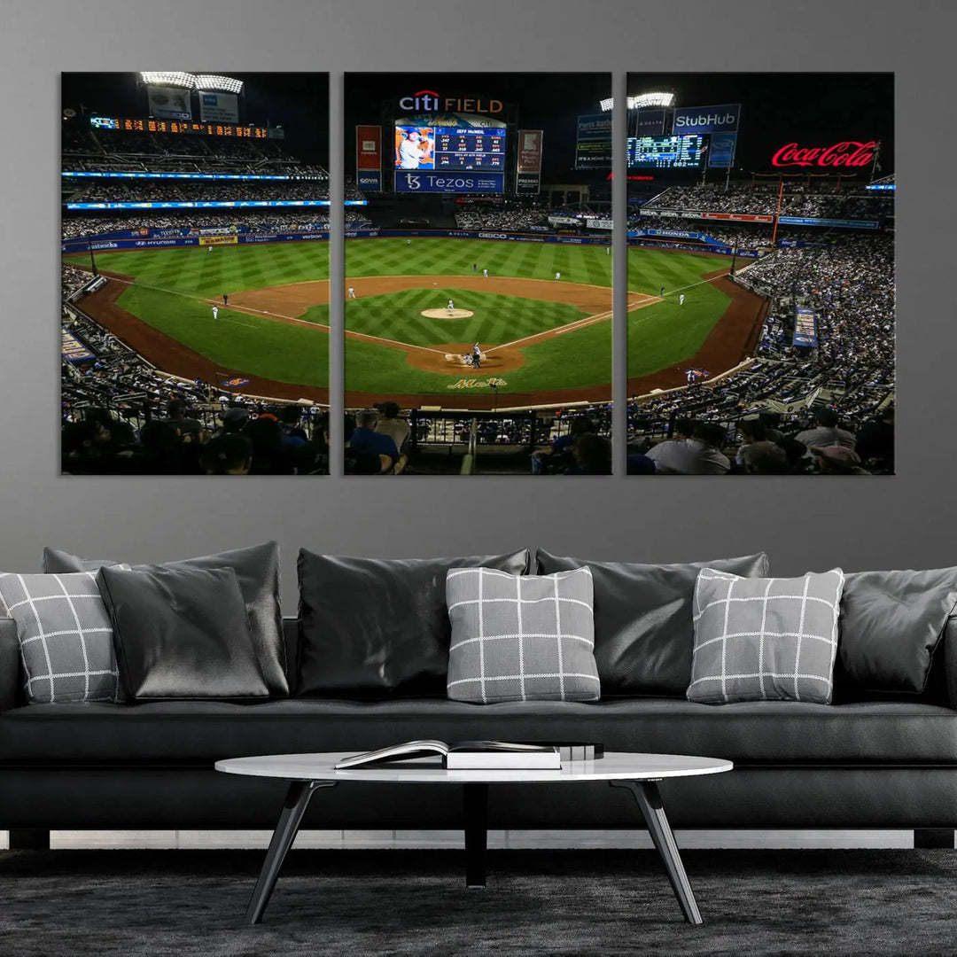 A living room featuring the "Los Angeles Dodgers Baseball Team Print - California Dodger Stadium Wall Art Canvas Print" as a premium three-panel artwork.